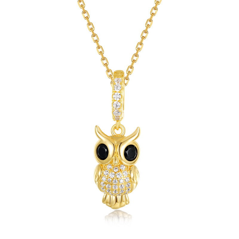Origsoul gold owl pendant with black eyes and crystals on sterling silver necklace