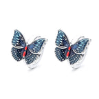 Origsoul butterfly earrings for women with blue and red detailed wings in insect jewelry style