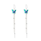 Origsoul butterfly tassel earrings with blue and green enamel butterfly and silver chain tassels