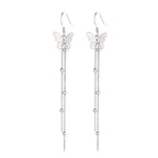 Origsoul silver butterfly tassel earrings with delicate chain and bead details in insect jewelry style