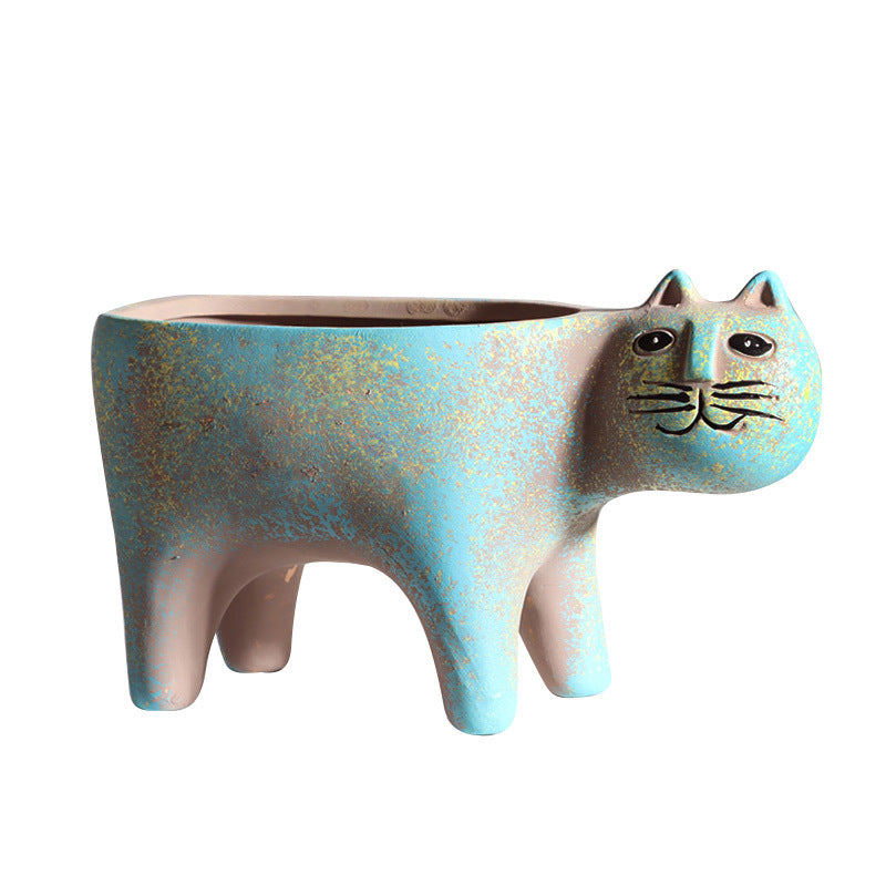 Origsoul cat shaped succulent planter in blue with rustic finish for home decoration