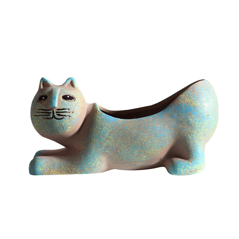 Origsoul cat shaped succulent planter in blue speckled ceramic for unique home decoration