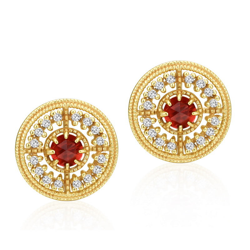 Origsoul chanel vintage earrings round gold studs with red center stone and clear crystals