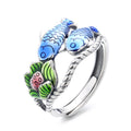 Origsoul colorful lotus carp ring with blue fish and green lotus flower design