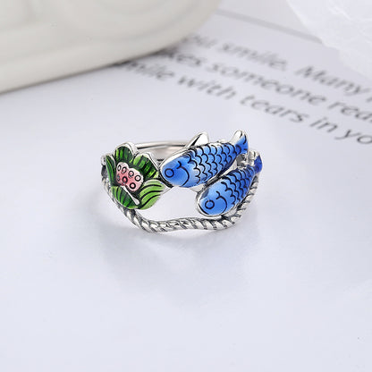 Origsoul colorful lotus carp ring with blue fish and green lotus design on silver band