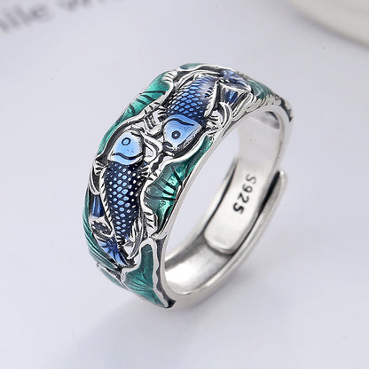 Origsoul colorful lotus carp ring featuring blue carp fish and green lotus leaf design in silver