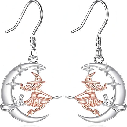 Origsoul crescent moon dangle earrings with witch and cat design in silver and rose gold tones