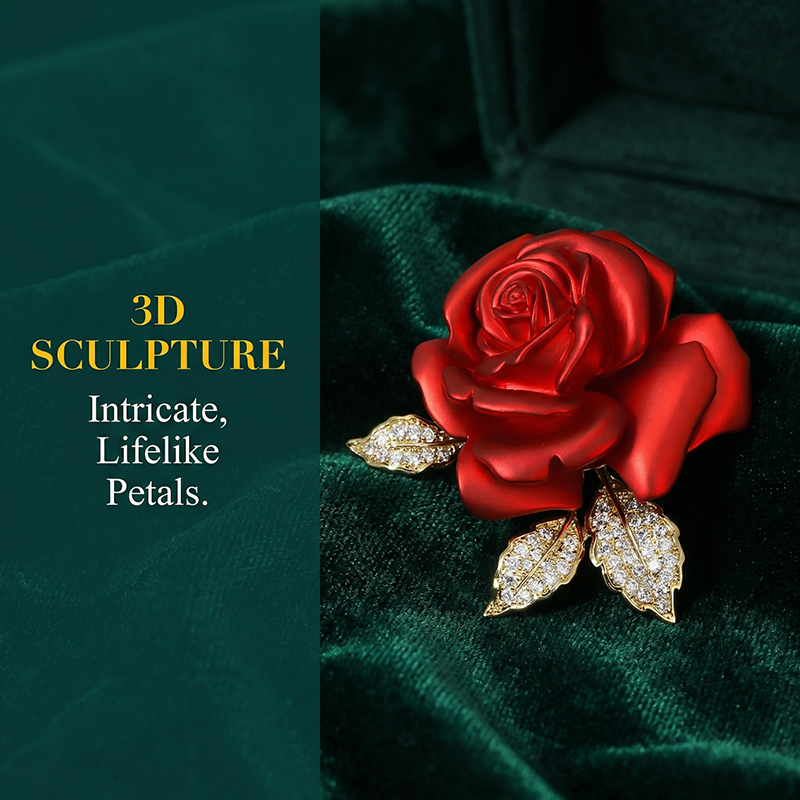Origsoul crystal rose flower pin with intricate 3D sculpture and lifelike red petals on green velvet