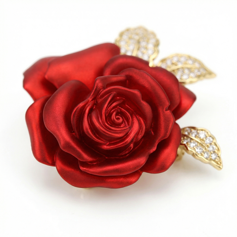 Origsoul crystal rose flower pin with red petals and gold leaves adorned with clear crystals