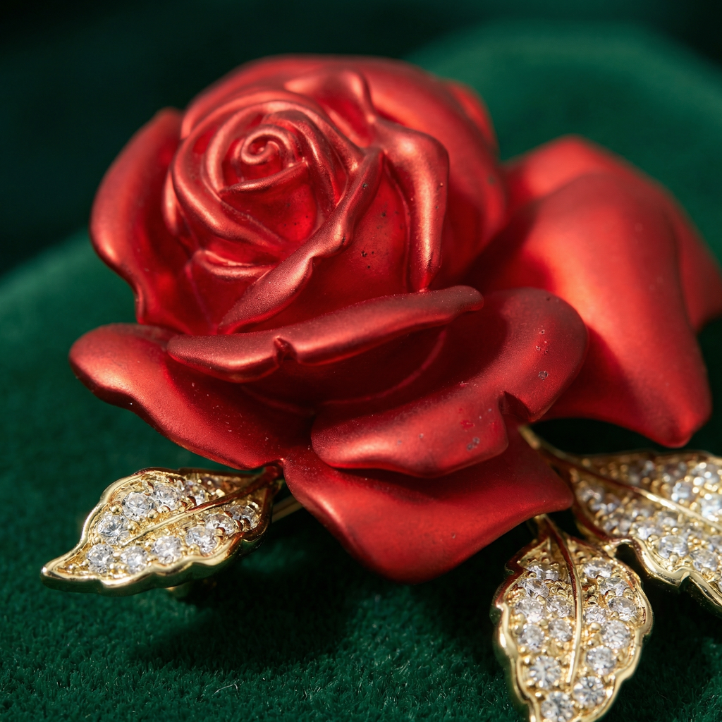 Origsoul crystal rose flower pin brooch with red rose and gold leaves encrusted with crystals