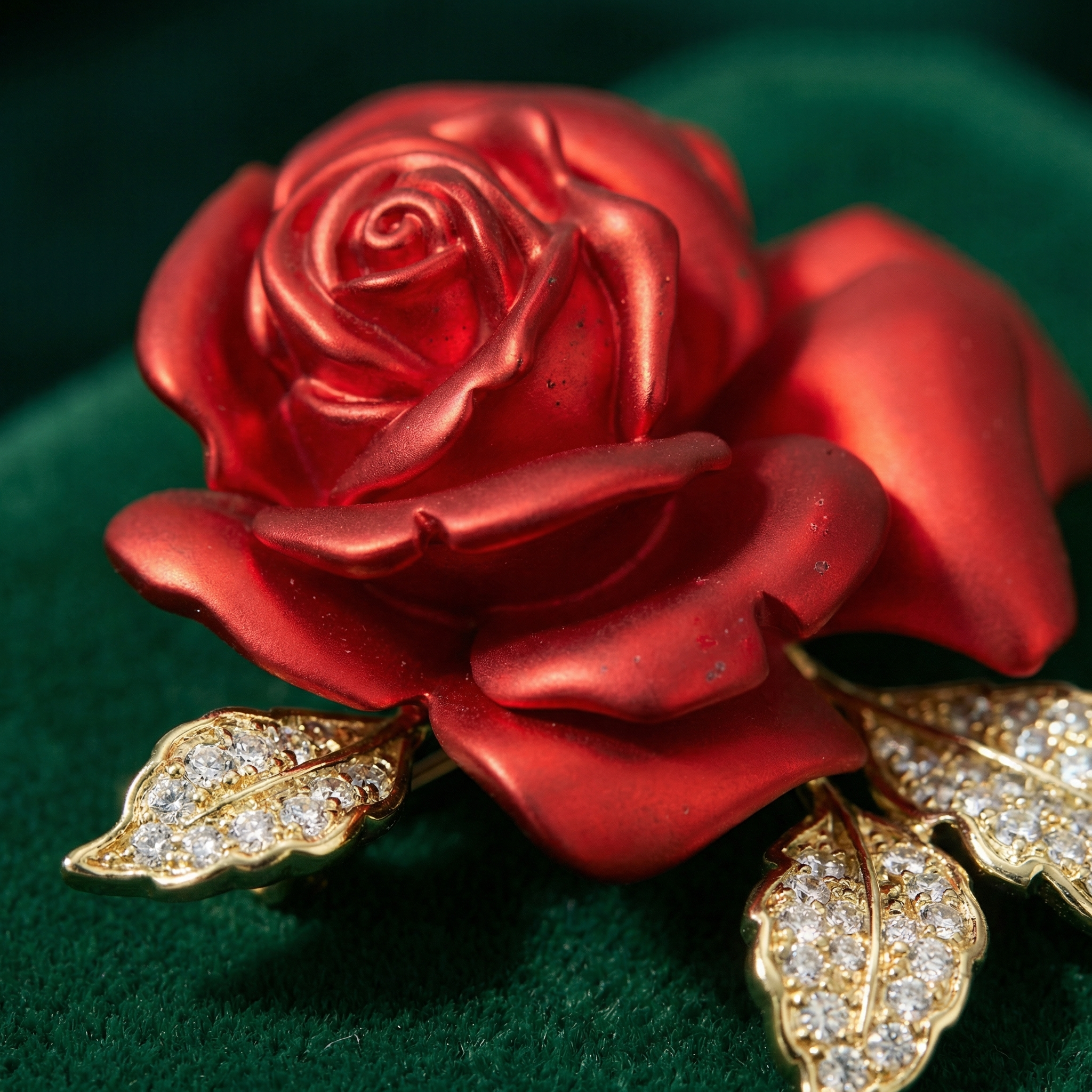 Origsoul crystal rose flower pin brooch with red rose and gold leaves encrusted with crystals