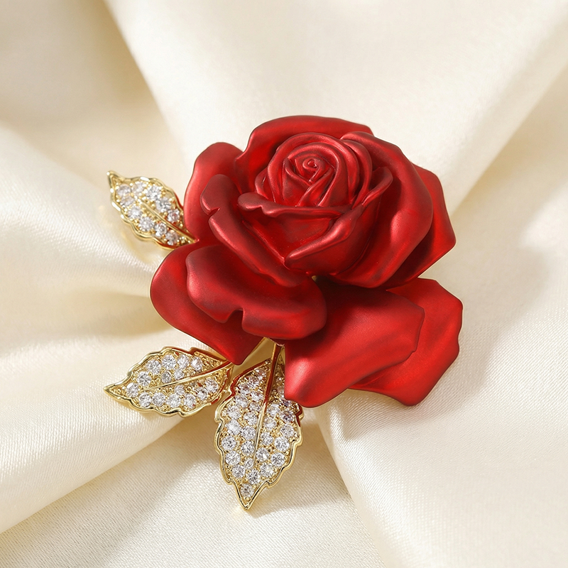 Origsoul crystal rose flower pin with red petals and sparkling crystal-studded gold leaves brooch
