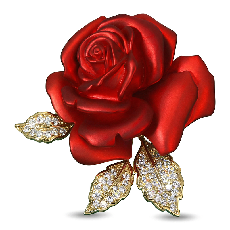 Origsoul crystal rose flower pin with red enamel petals and sparkling crystal detailed gold leaves