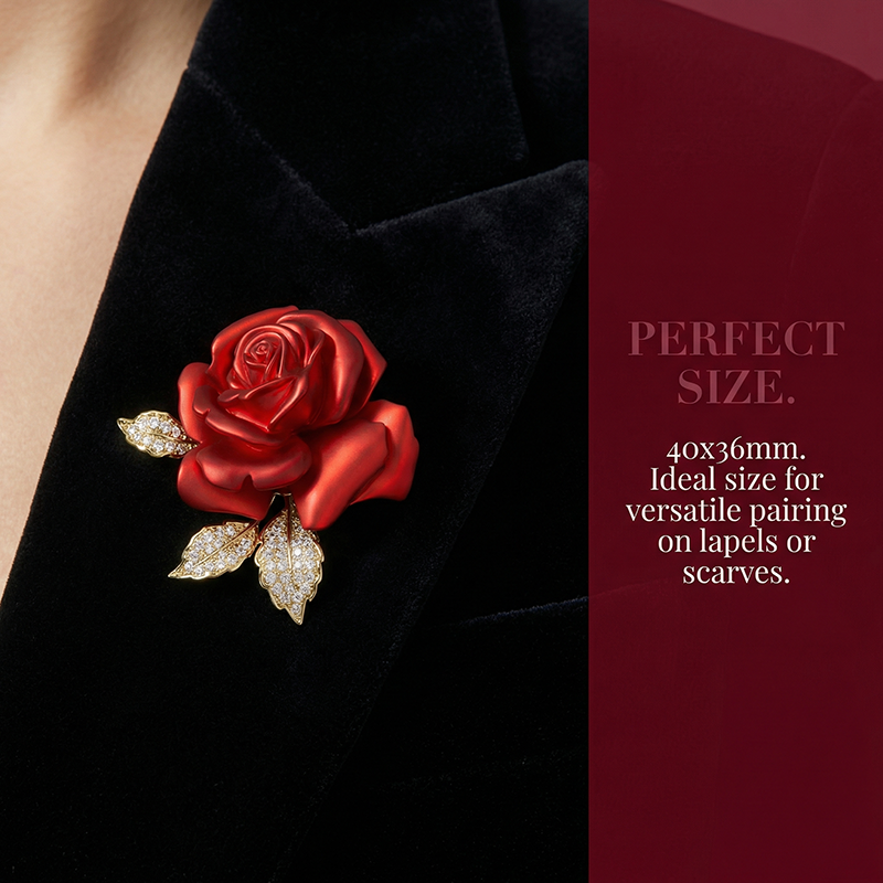 Origsoul crystal rose flower pin brooch with red petals and gold leaves worn on black velvet lapel