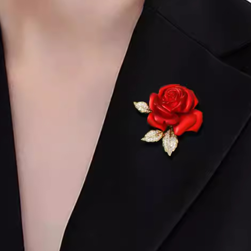 Origsoul crystal rose flower pin brooch with red rose and crystal leaves worn on black blazer