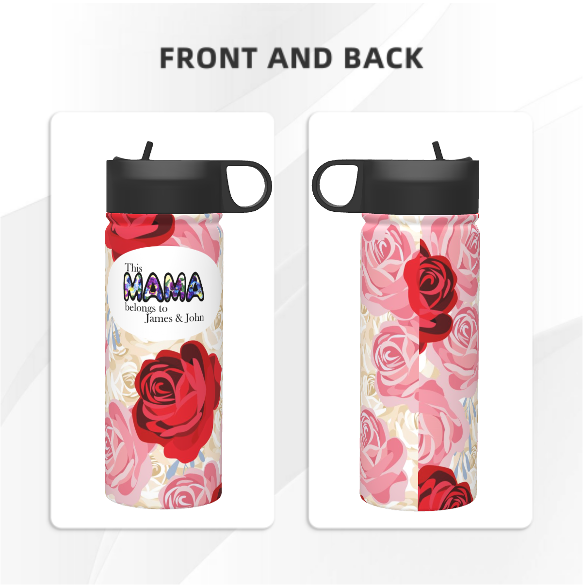 Origsoul 18oz insulated sports water bottle with red and pink rose design and customizable text