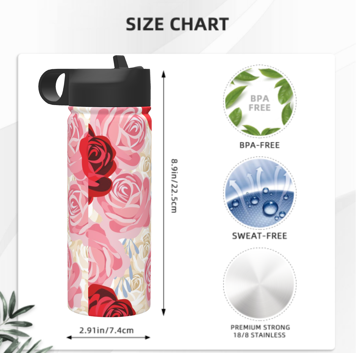 Origsoul 18oz insulated sports water bottle with floral design BPA-free sweat-free stainless steel