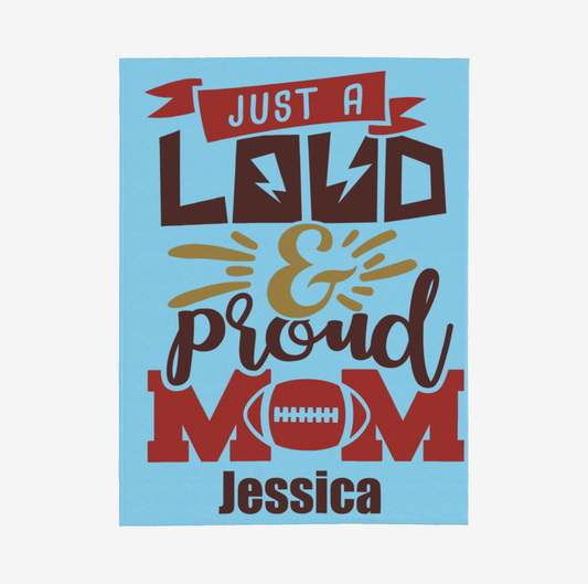 Origsoul 240g personalized flannel blanket in blue with Just a Loud and Proud Mom design and football graphic