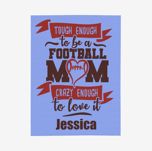 Origsoul 280g soft football mom blanket in blue with red and brown text personalized with Jessica name