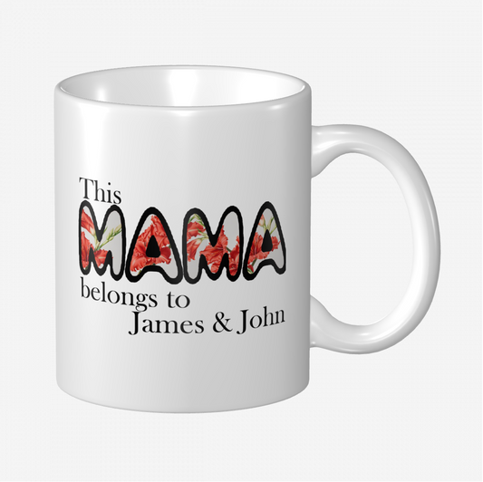 Custom ceramic cup for mom with floral text design and personalized names James and John