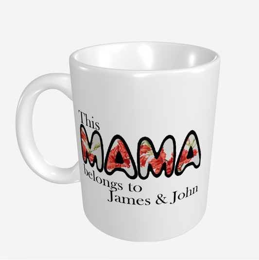 Origsoul custom ceramic cup for mom with floral Mama design and personalized names James and John