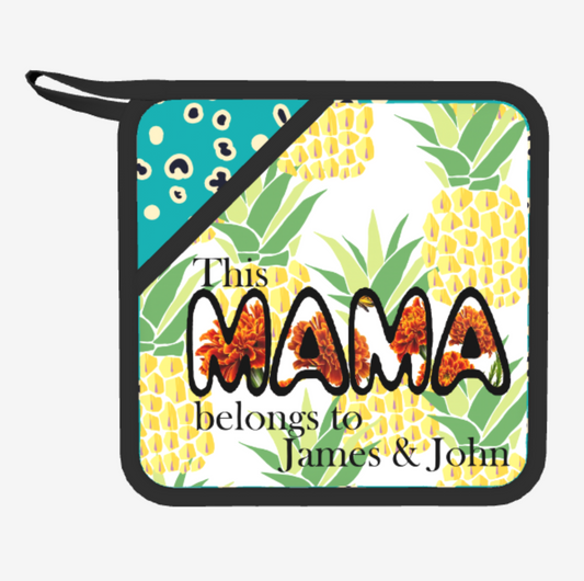 Origsoul customized silicone anti-hot pad with pineapple design and personalized text This Mama belongs to James & John