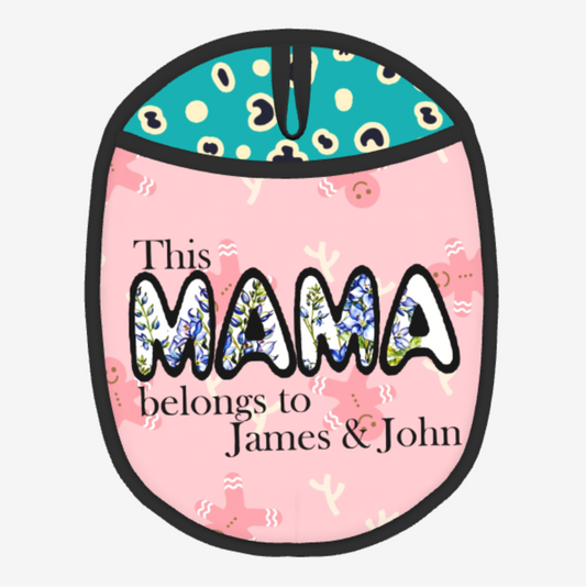 Origsoul silicone pot mat mitten with pink and teal floral design and personalized text This MAMA belongs to James & John