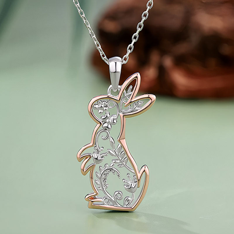 Origsoul cute bunny charm pendant with intricate floral design on silver chain necklace