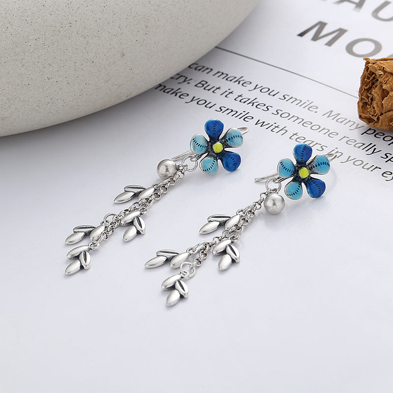 Origsoul daisy tassel earrings with blue flower design and silver leaf chains birthflower jewelry