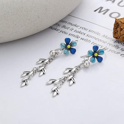 Origsoul daisy tassel earrings with blue flower design and silver leaf chains birthflower jewelry