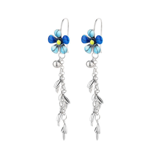 Origsoul daisy tassel earrings with blue flower design and silver dangling chains birthflower jewelry