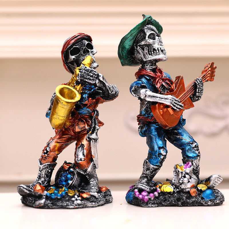 Origsoul colorful day of the dead skeleton figurines playing saxophone and guitar holiday decorations