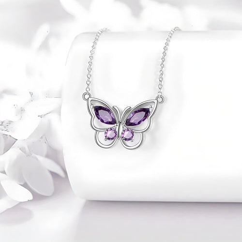 Origsoul delicate butterfly necklace with silver chain and purple gemstone accents