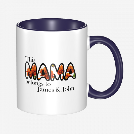 Origsoul double color ceramic mug with purple handle and personalized This Mama belongs to James & John text