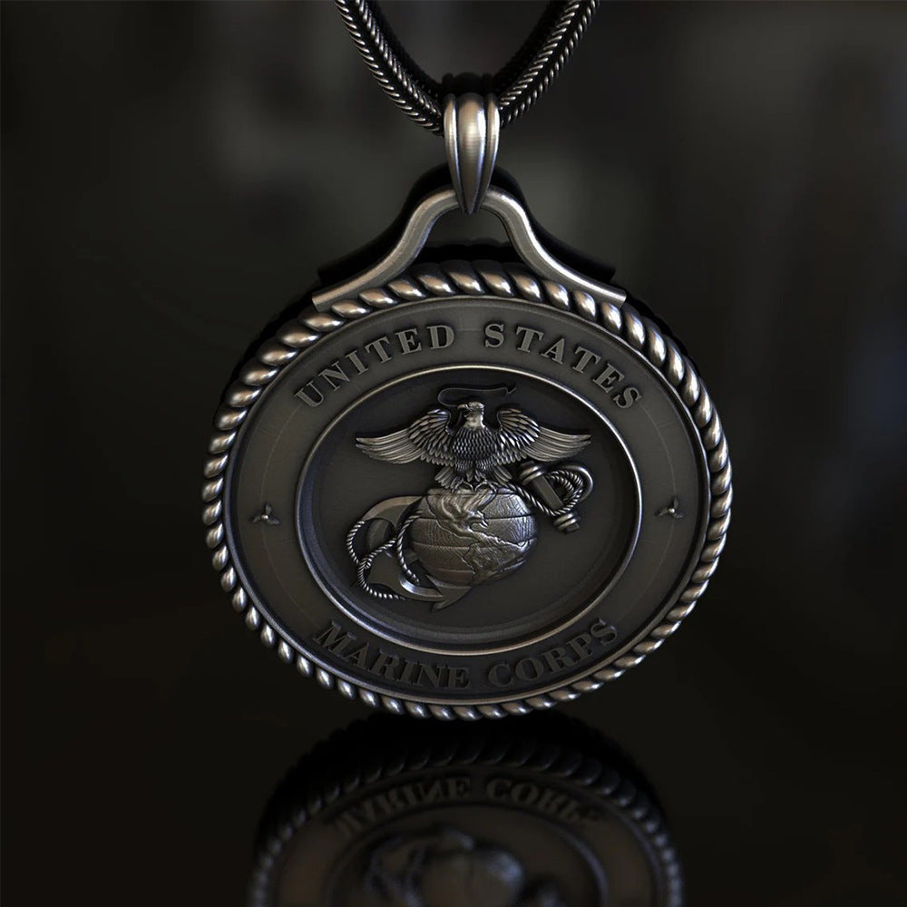 Origsoul Eagle Globe and Anchor pendant in silver with United States Marine Corps emblem on black background