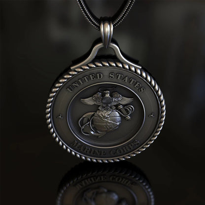 Origsoul Eagle Globe and Anchor pendant in silver with United States Marine Corps emblem on black background