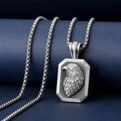 Origsoul silver eagle head pendant necklace with detailed feathers on a box chain