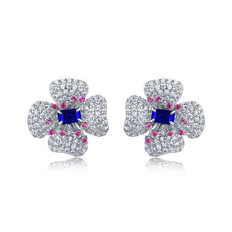 Origsoul flower-shaped earrings diamond stud earrings with blue center stones and pink accents