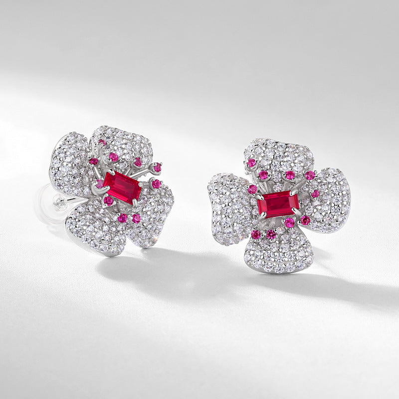Origsoul earrings diamond stud earrings shaped like flowers with red and clear gemstones