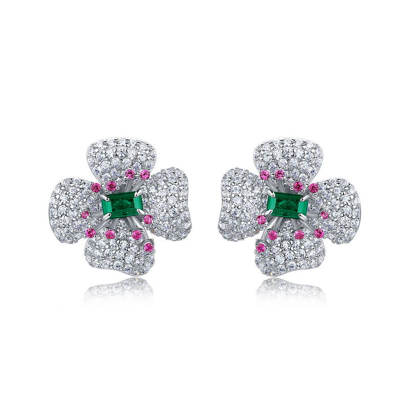 Origsoul earrings diamond stud earrings shaped like flowers with green and pink gemstones