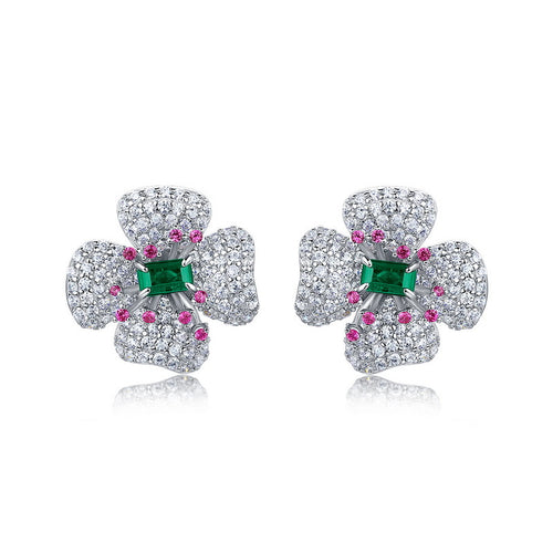 Origsoul earrings diamond stud earrings shaped like flowers with green and pink gemstones