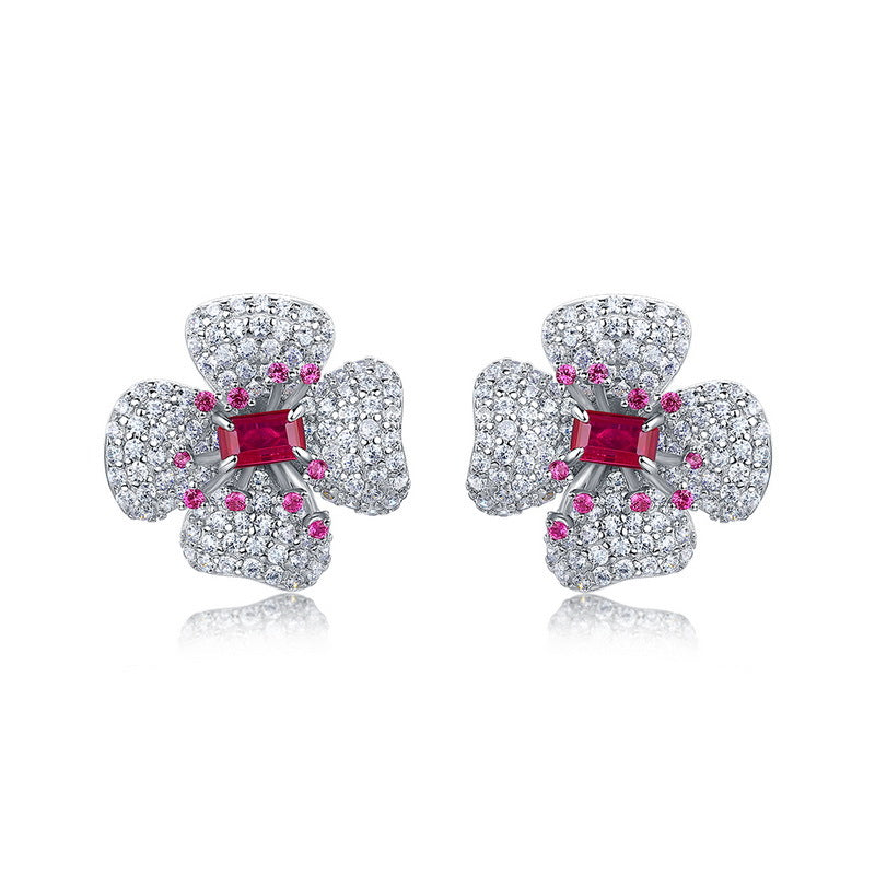 Origsoul floral earrings diamond stud earrings with pink and clear gemstones in silver setting
