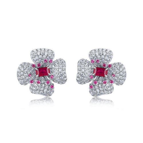 Origsoul floral earrings diamond stud earrings with pink and clear gemstones in silver setting