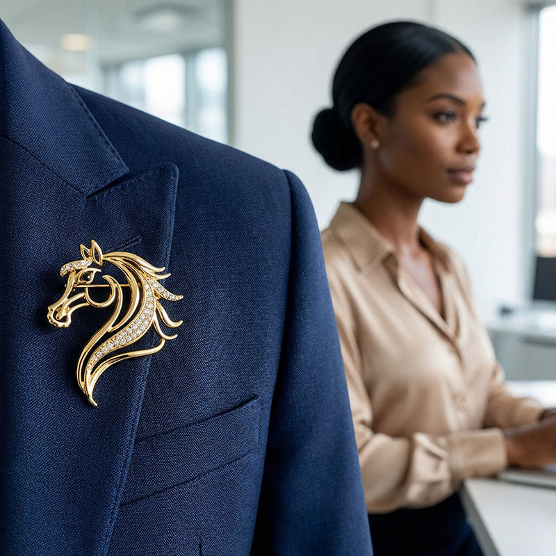 Origsoul elegant horse head brooch in gold with crystals pinned on navy blazer lapel