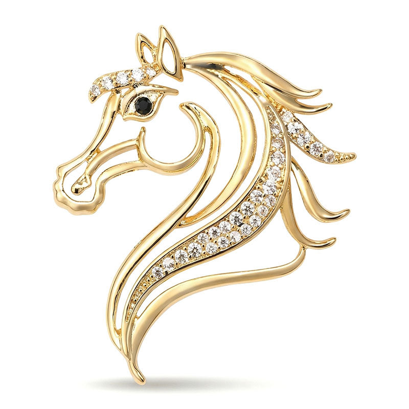 Elegant horse head brooch in gold with sparkling crystal accents by Origsoul