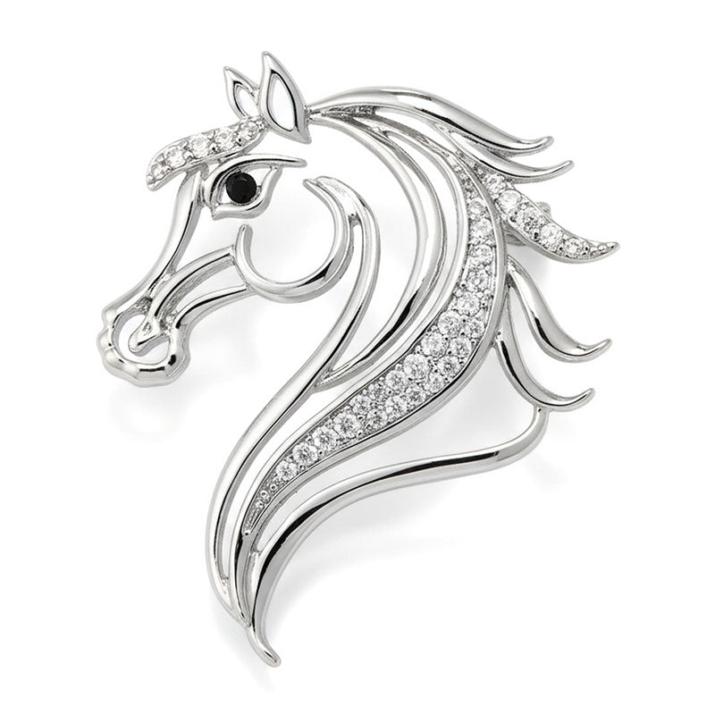 Origsoul elegant horse head brooch in silver with crystal accents and black eye detail