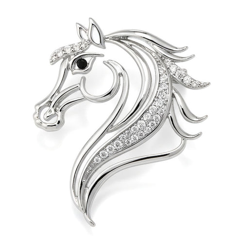 Origsoul elegant horse head brooch in silver with crystal accents and black eye detail