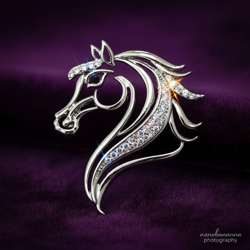 Origsoul elegant horse head brooch with sparkling crystals on silver metal design