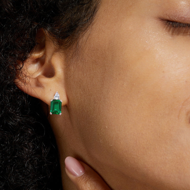 Origsoul sterling silver jewerly emerald green gemstone stud earrings on model
