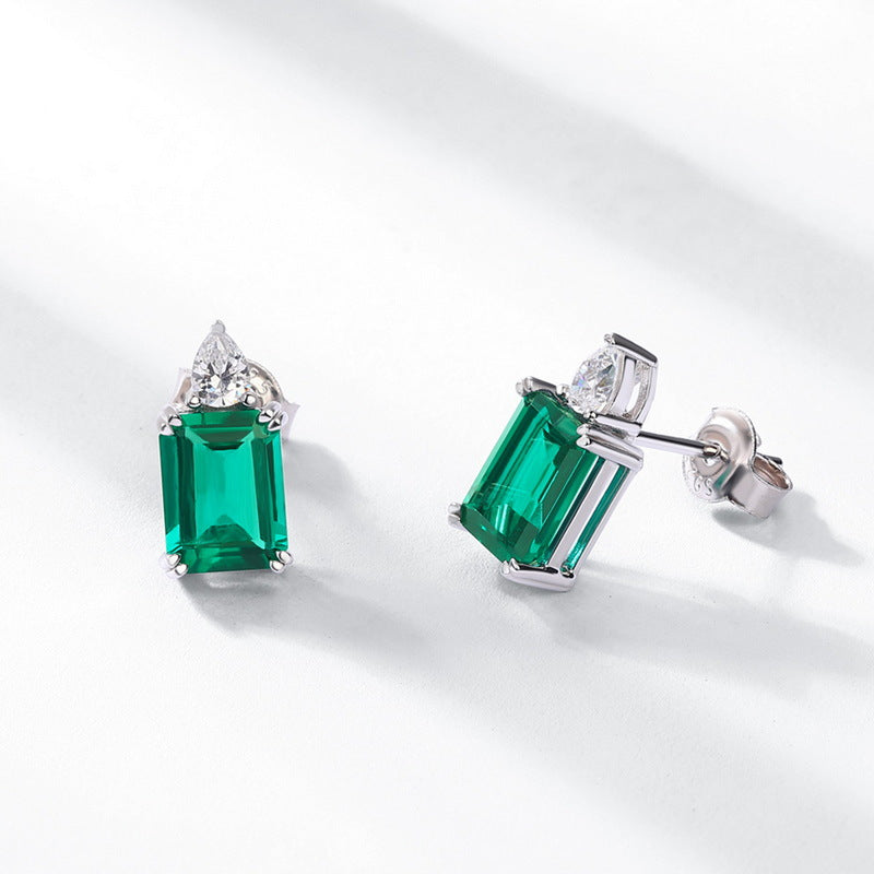 Origsoul sterling silver jewerly emerald green gemstone stud earrings with clear accents